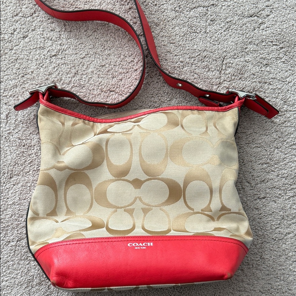 Coach Signature Red/orange and Tan Shoulder Bag